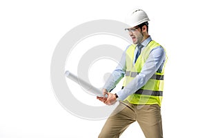 Builder in reflective vest and helmet holding blueprint as a sword