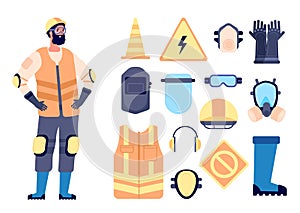 Builder safety equipment. Construction worker, protection and work gear. Man in vest glasses helmet, personal health