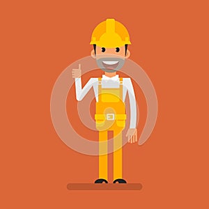 Builder showing thumbs up and smiles. Flat people