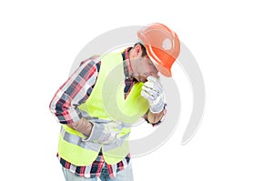 Builder with stomach problem is about to vomit