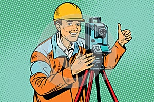 Builder surveyor with a theodolite optical instrument for measur