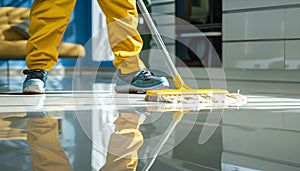 Builder sweeping the floor after renovation of house