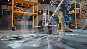 Builder sweeping the floor after renovation of house