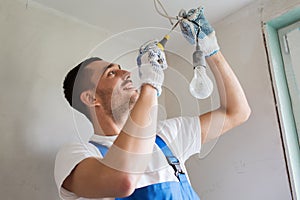 Builder with tablet pc and equipment indoors