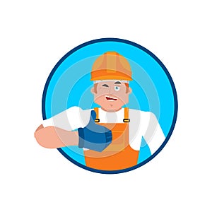 Builder thumbs up. Worker in protective helmet winks emoji. Service worker Serviceman cheerful. Vector illustration