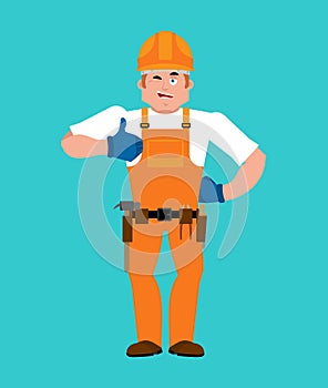 Builder thumbs up. Worker in protective helmet winks emoji. Service worker Serviceman cheerful. Vector illustration