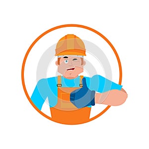 Builder thumbs up. Worker in protective helmet winks emoji. Service worker Serviceman cheerful. Vector illustration