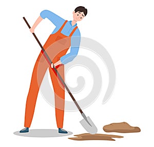 Builder with tool background, isolated on white vector illustration. Person worker at construction, flat man hold shovel