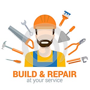 Builder with tools: build and repair flat vector construction