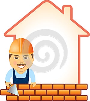 Builder with trowel, bricks and house silhouette