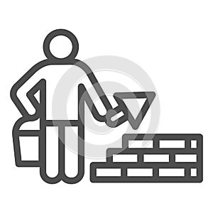 Builder with trowel line icon. Worker man build brick masonry wall symbol, outline style pictogram on white background