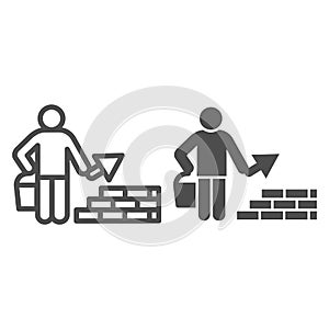 Builder with trowel line and solid icon. Worker man build brick masonry wall symbol, outline style pictogram on white