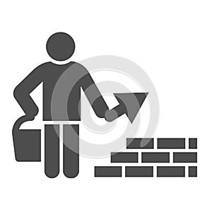 Builder with trowel solid icon. Worker man build brick masonry wall symbol, glyph style pictogram on white background