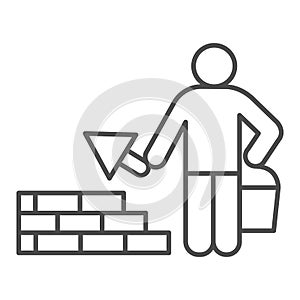 Builder with trowel thin line icon. Worker man build brick masonry wall symbol, outline style pictogram on white