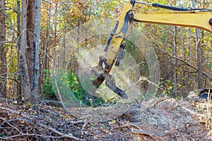 A builder uses tractor to uproot trees in forest in preparation for construction of house