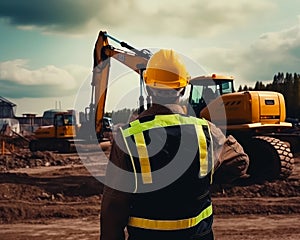 Builder in vest and cask standing his back to camera. Construction worker looks at work of excavators on the building site.