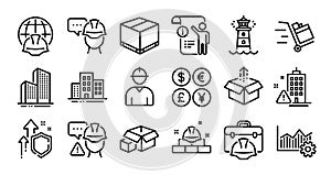 Builder warning, Engineer and Building warning line icons set. Vector