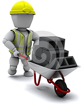 Builder with a wheel barrow carrying bricks