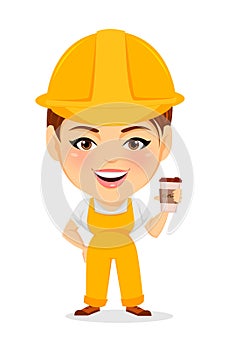 Builder woman. Funny female worker with big head holding coffee while coffee-break.