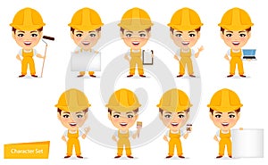 Builder woman. Funny female worker with big head. Set of humorous cartoon character.