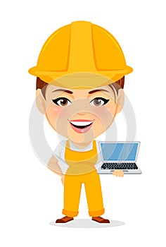 Builder woman. Funny female worker with big head standing with laptop.