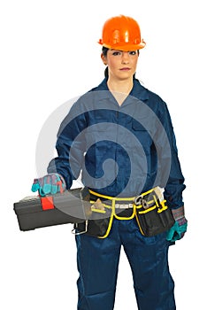 Builder woman with tools container