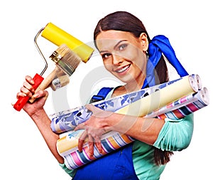 Builder woman with wallpaper.