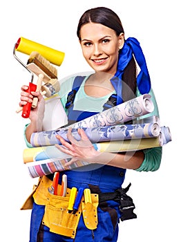 Builder woman with wallpaper.