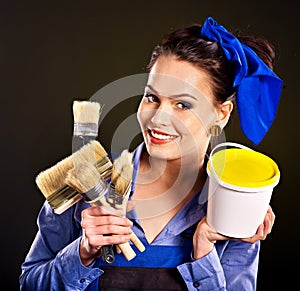 Builder woman witn wallpaper.