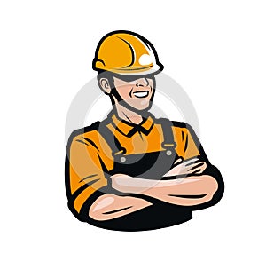 Builder or worker in construction helmet. Repair, fix, industry logo. Vector illustration