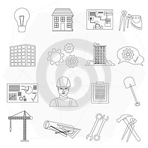 Builder worker construction thin line icons set .