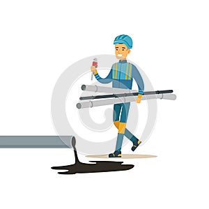 Builder worker repairing industrial oil pipeline, oil industry extraction and refinery production vector Illustration