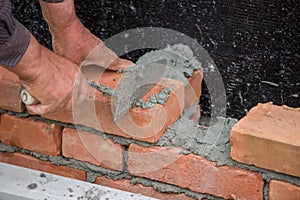 Builder worker with trowel building brick wall