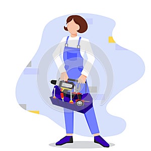Builder worker woman with a tool box in her hands. Builders and engineers background