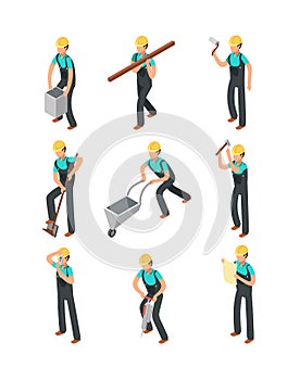 Builder workers, construction professionals isolated 3d people vector set
