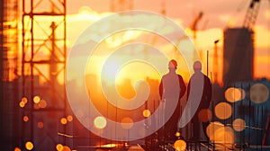 Builder workers silhouettes on a construction site, against a sunset or sunrise