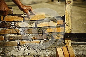Builder layering cemented bricks structure
