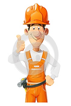 Builder. Working in helmet and overalls