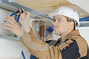 Builder working in suspended ceilings