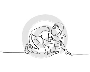 Builder in working uniform and hard hat hammers nails, hammer safety one line art. Continuous line drawing of repair