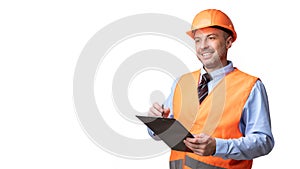 Builder Holding Folder Taking Notes Looking Aside Over White Background