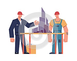 Builders and architects. Master foreman and professional construction worker in helmets stand near skyscraper model