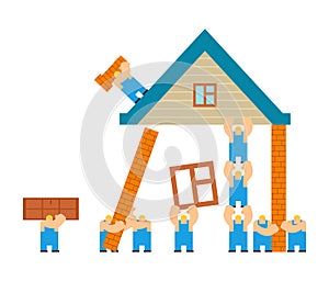 Builders building house. cartoon style. Workers and home. Walling and roof construction. Fastening Windows and doors
