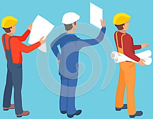Builders on building site look at plan. Business plan development. Architect engineer with project