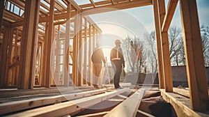 Builders at a construction site building a wooden house