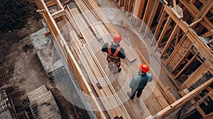 Builders at a construction site building a wooden house