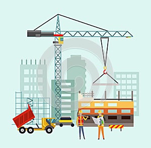 Builders on the construction site. Building work process with houses and construction machines. Vector illustration with