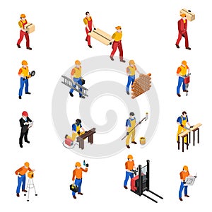Builders Construction Workers Isometric Icons Collection