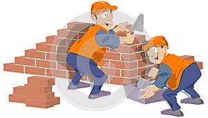 Builders are doing bricklaying. Funny people photo