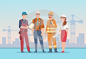 Builders and engineers background. Cartoon factory workers and business characters at construction. Vector team